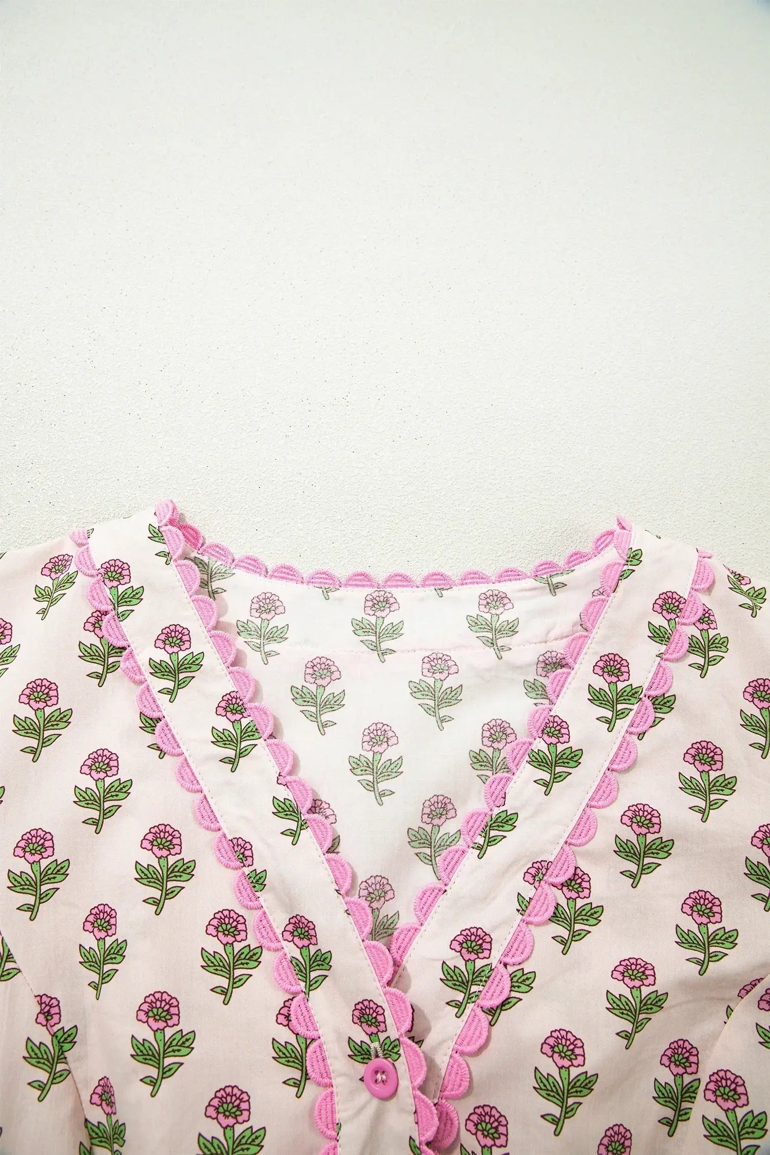 Pink Floral Print V Neck Scallop Trim Button Front Short Sleeve Long Dress