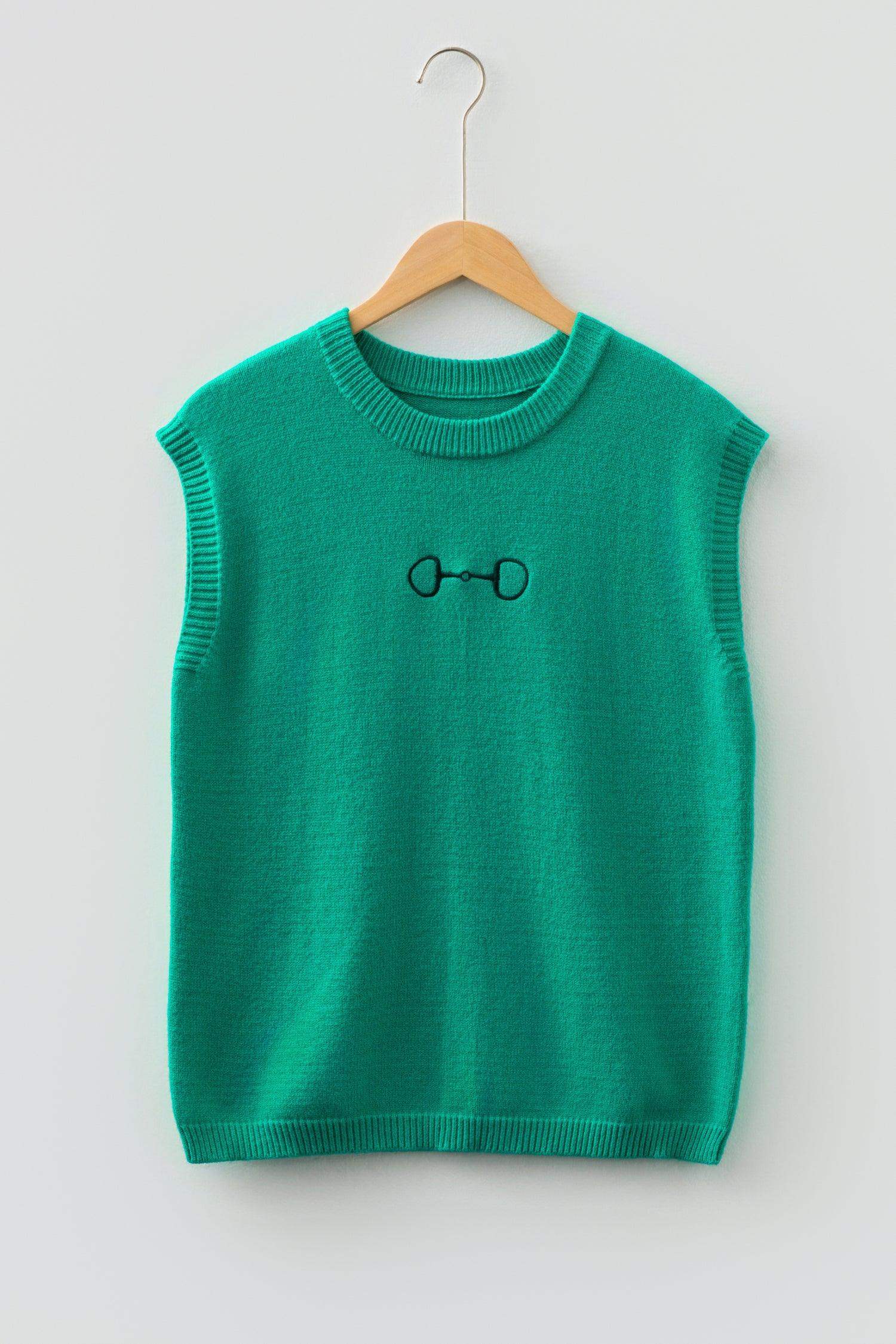 Bright Green Horse Bit Embroidered Loose Short Sleeve Sweater