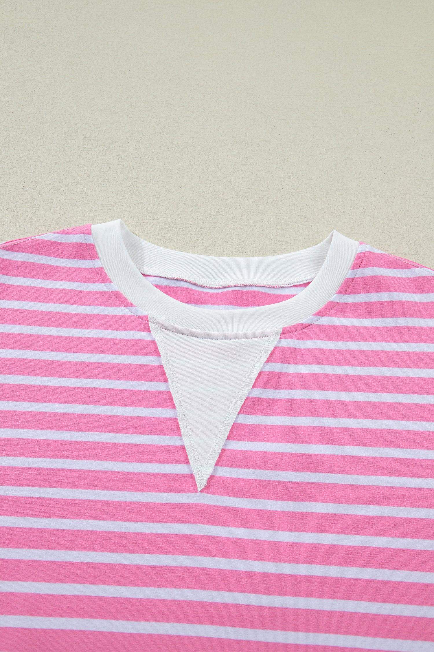 Pink Stripe Round Neck Drop Shoulder Short Sleeve Loose Top