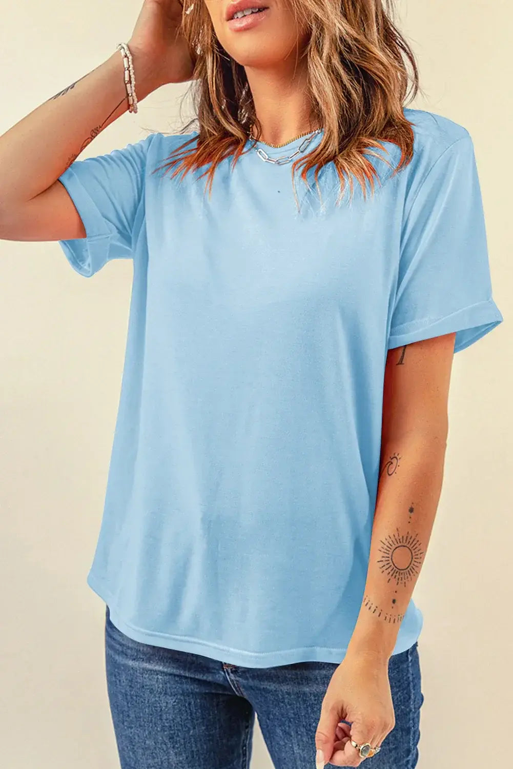 Mint Green Casual Plain Crew Neck Tee