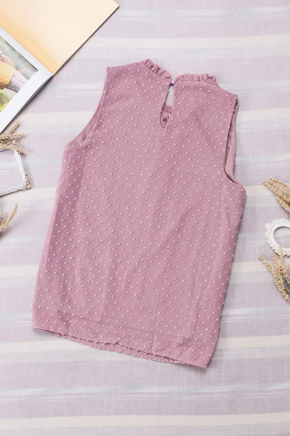 Pink Swiss Dot Sleeveless Ruffle Tank