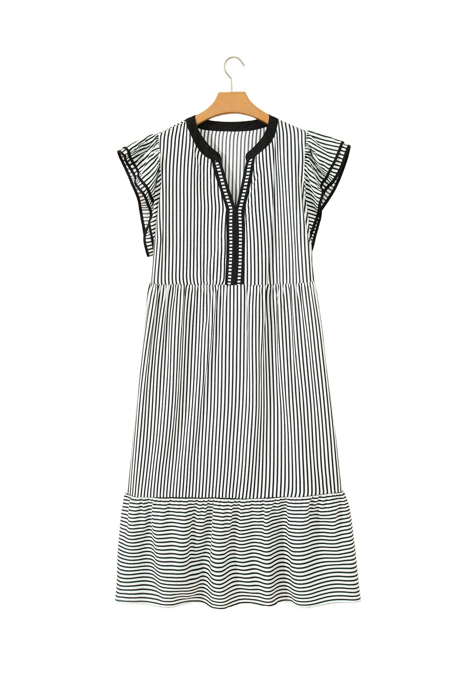 Black Stripe Plus Size Slit V Neck Tiered Flutter Sleeve Maxi Dress