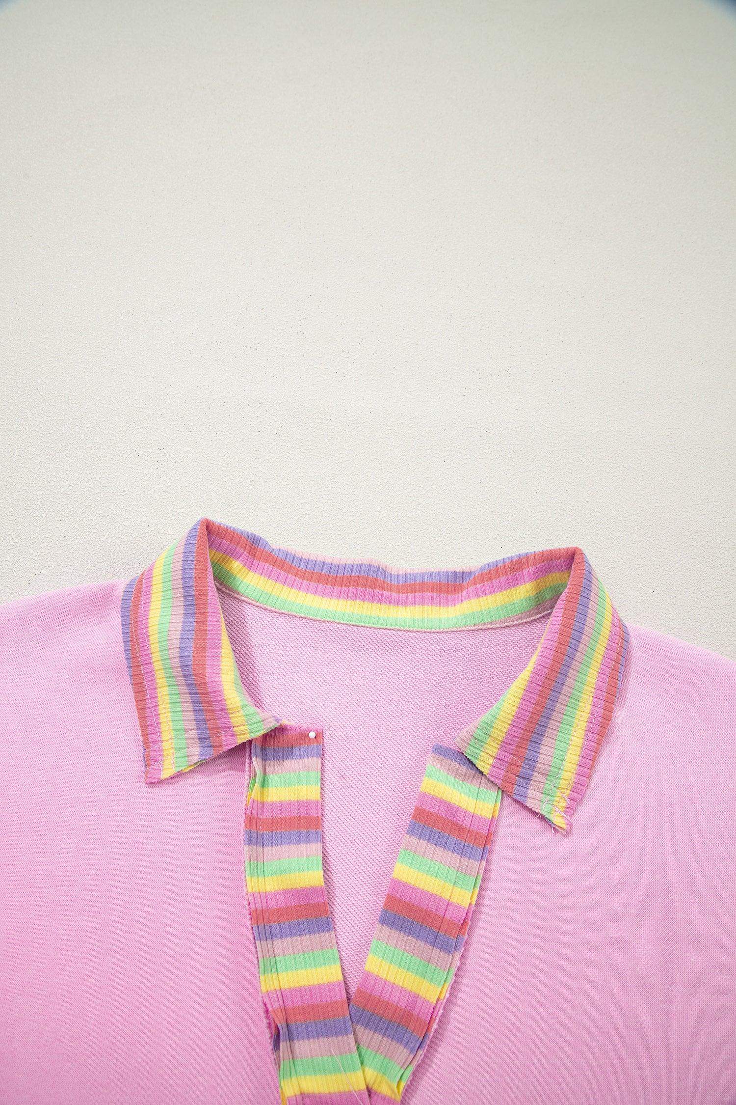 Pink Rainbow Stripe Ribbed Patchwork Raw Seam Oversize Polo Tee