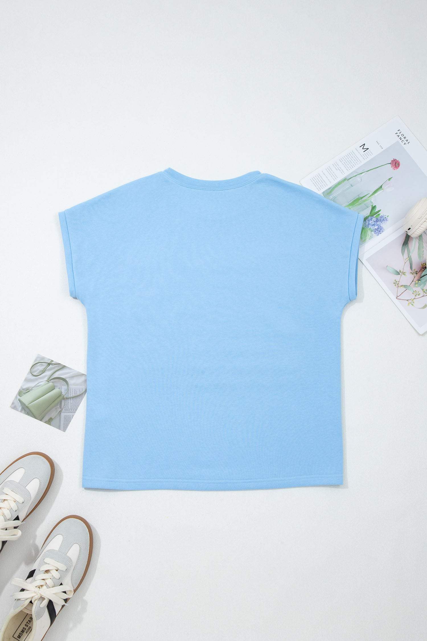 Mist Blue USA Flag Textured Patchwork Cap Sleeve Tee