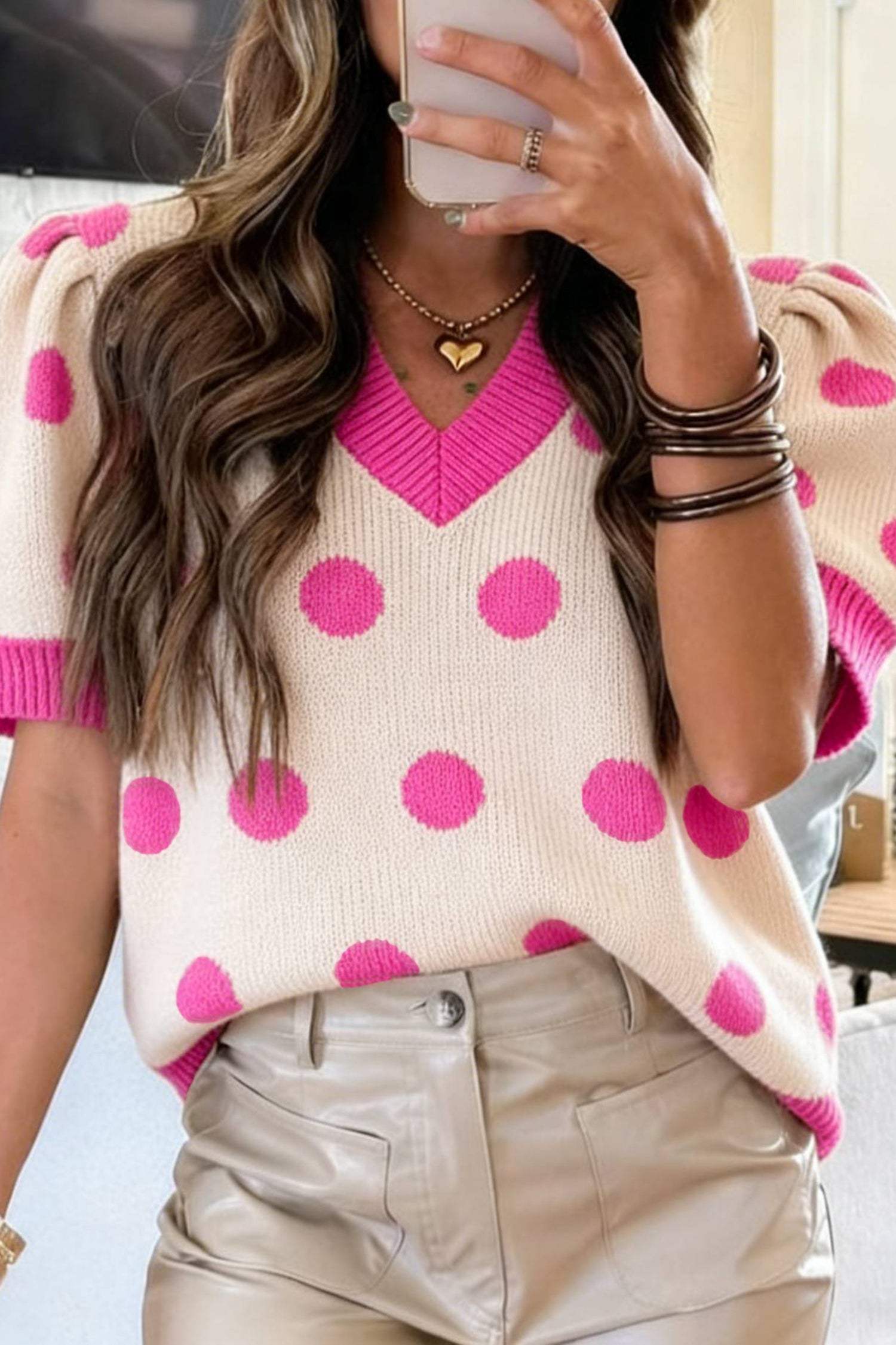 Pink Polka Dot Puff Short Sleeve Sweater Top