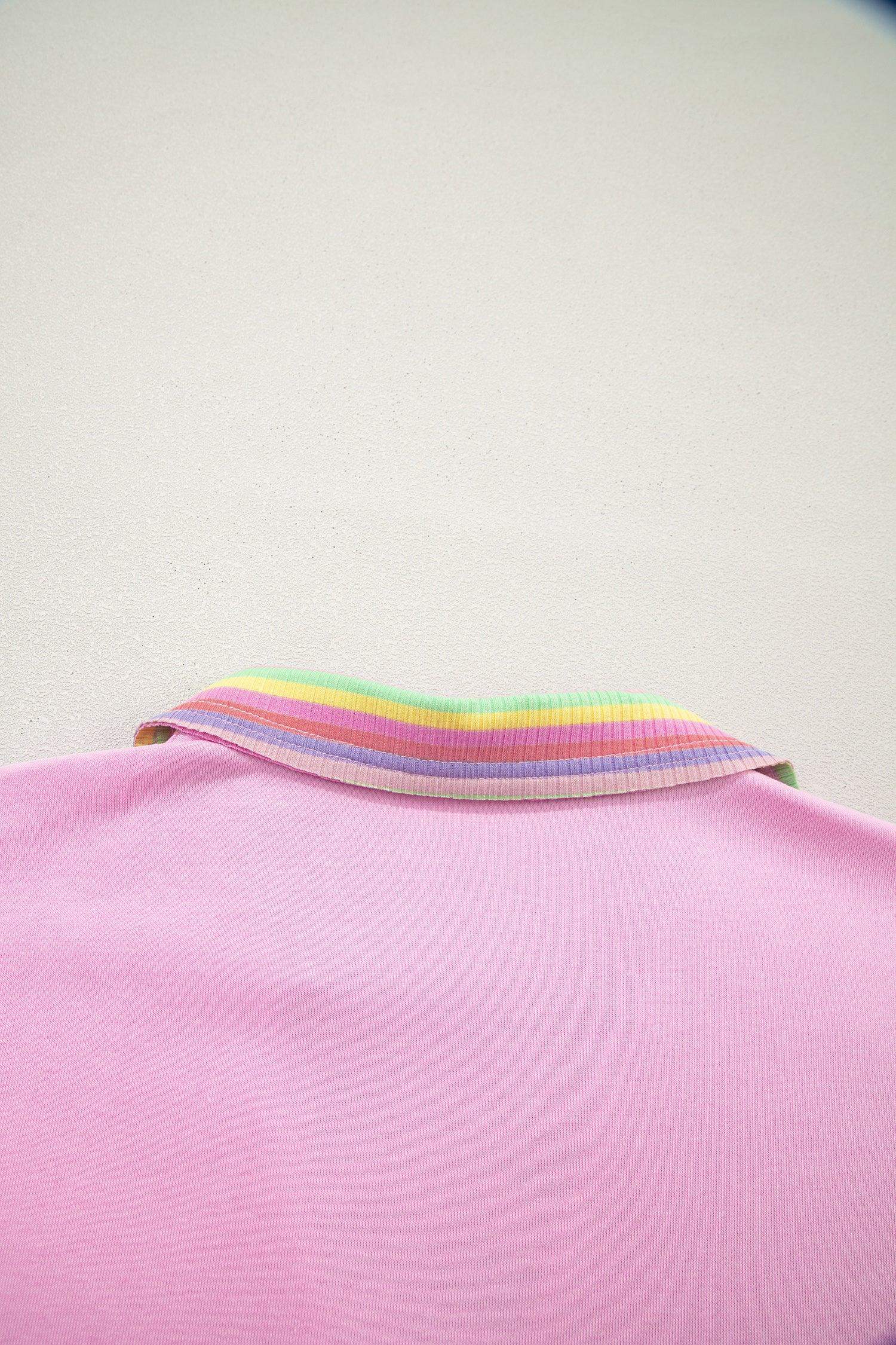 Pink Rainbow Stripe Ribbed Patchwork Raw Seam Oversize Polo Tee