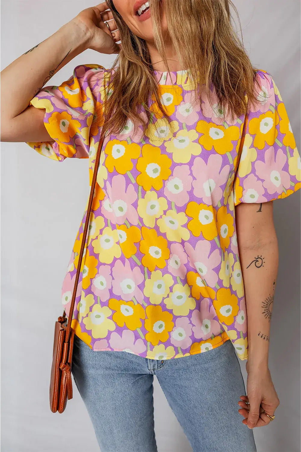 Purple Frilled Neck Puff Short Sleeve Flower Top