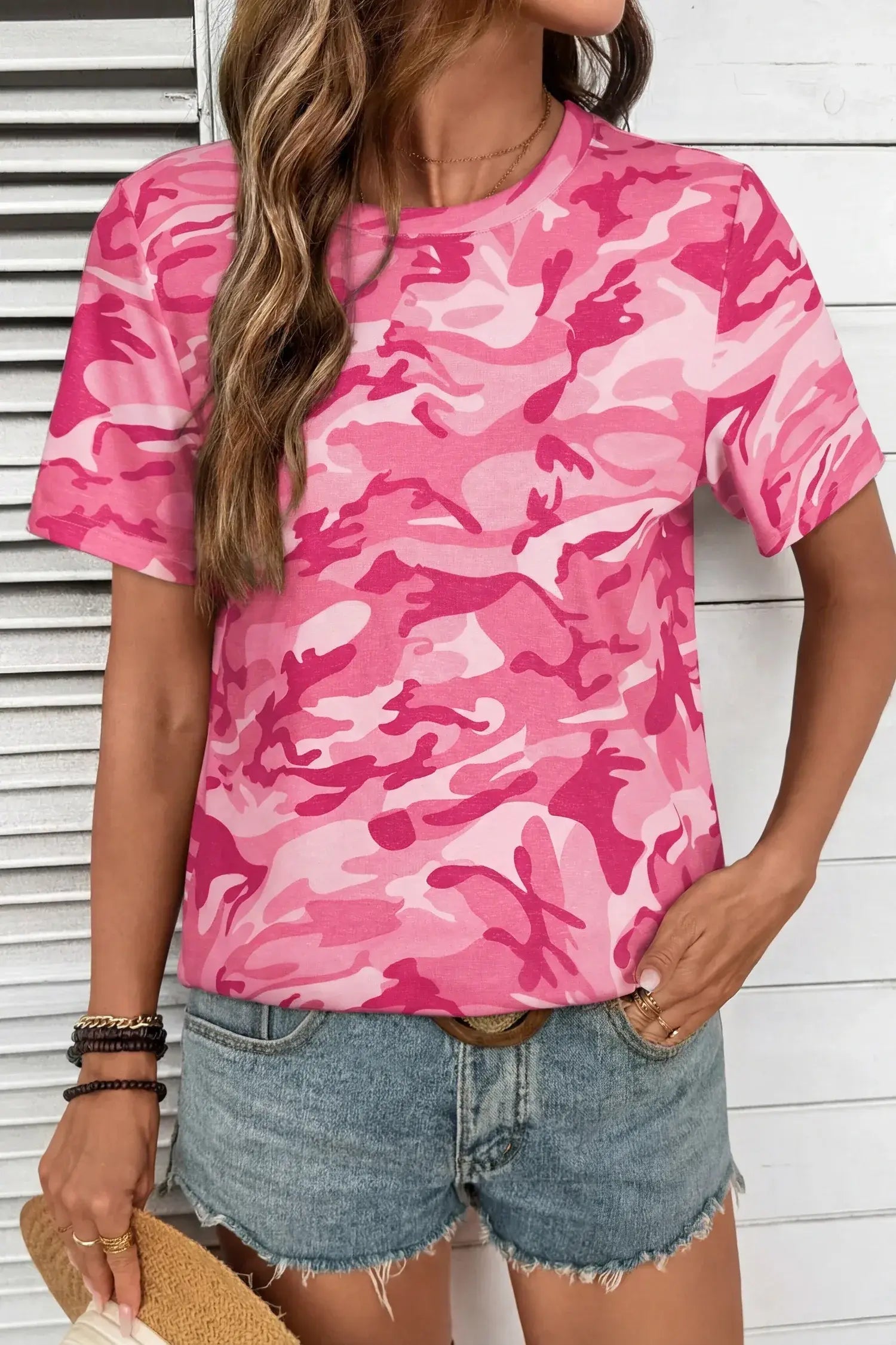 Pink Camouflage Print Crew Neck T Shirt