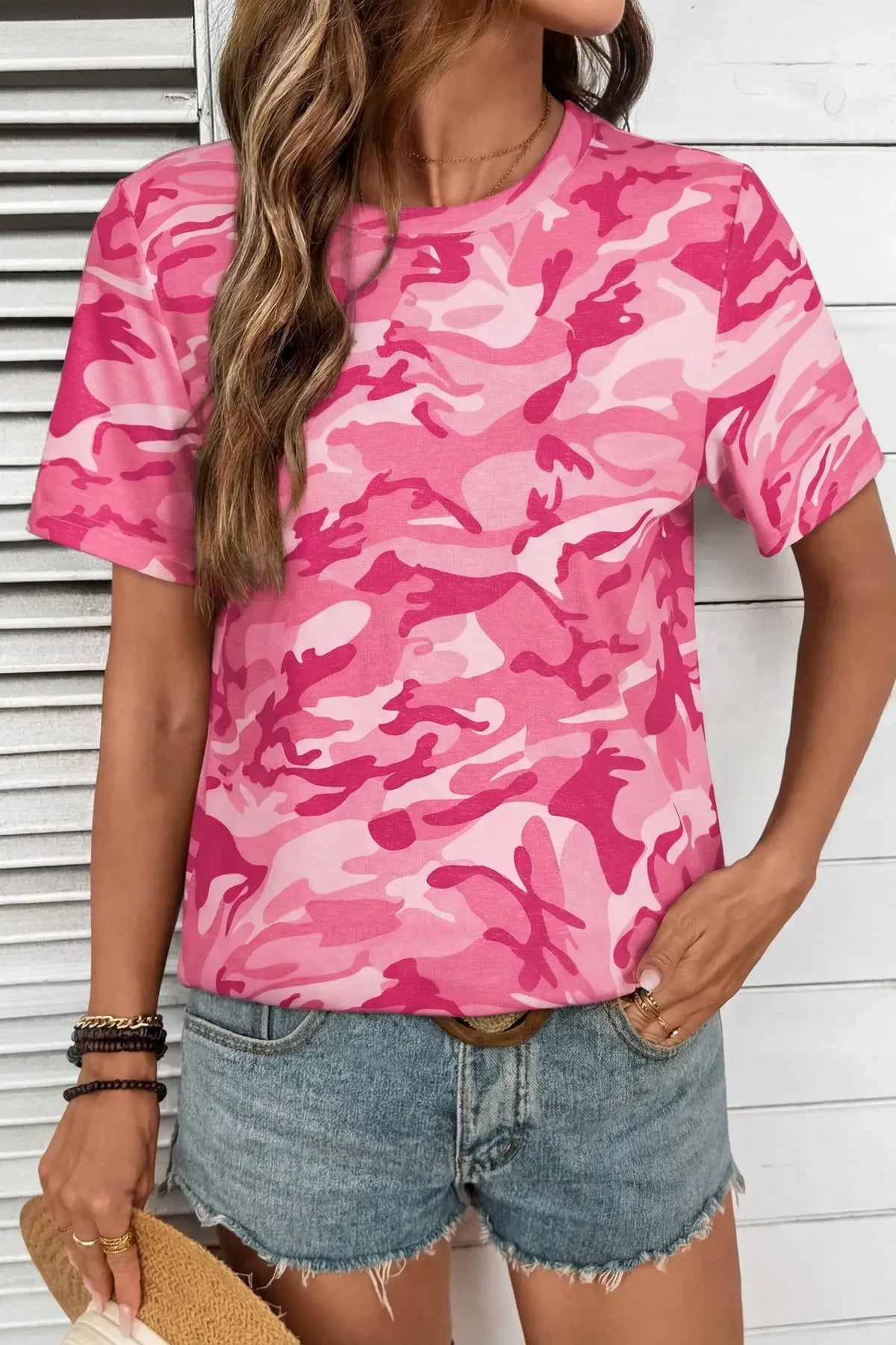 Pink Camouflage Print Crew Neck T Shirt