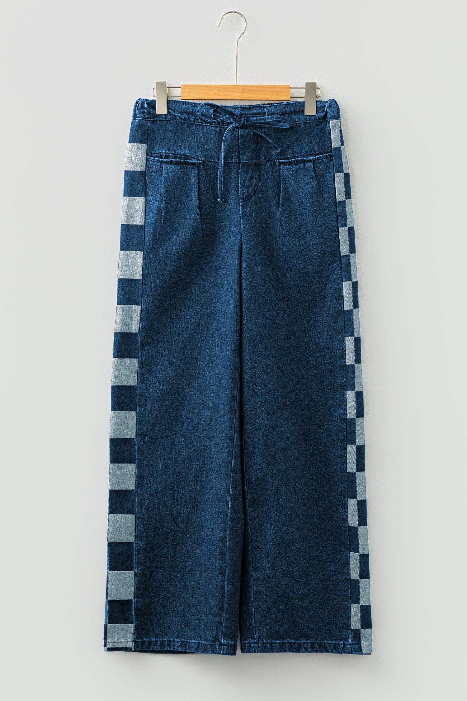 Sail Blue Checkered Side Panel Patchwork Drawstring Loose Denim Pants
