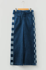 Sail Blue Checkered Side Panel Patchwork Drawstring Loose Denim Pants