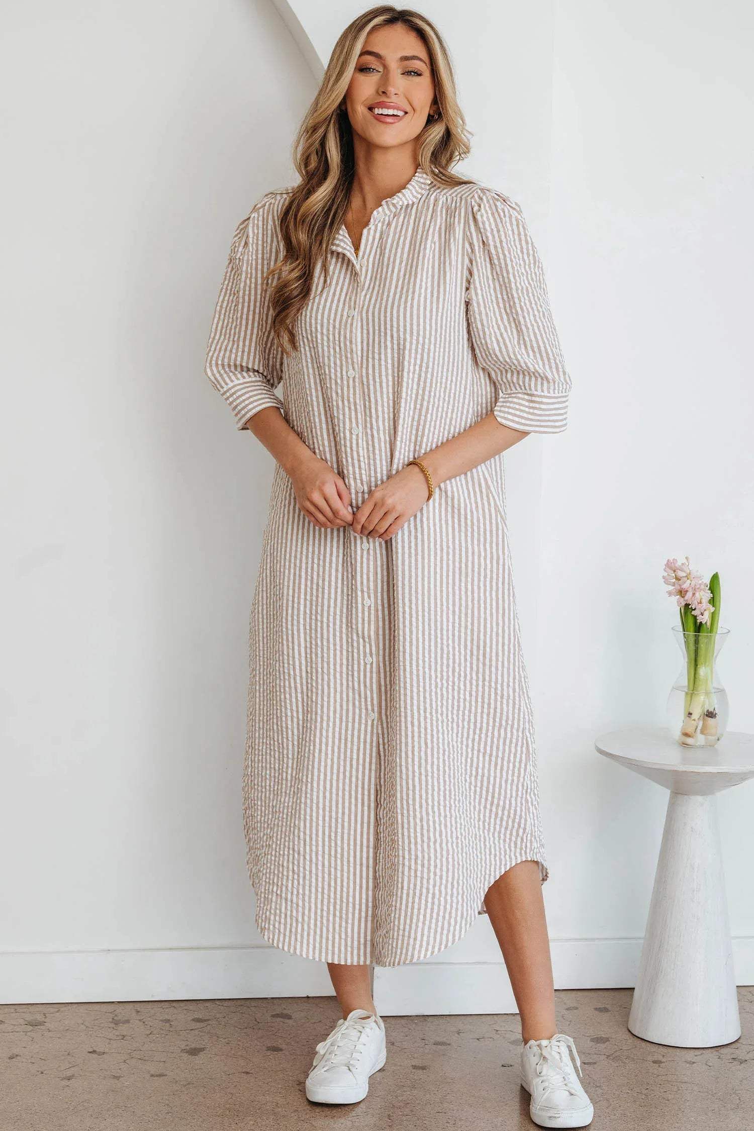 Khaki Stripe Frilled Collar Half Sleeve Shirt Maxi Dress