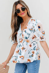 Green Floral Print Puff Sleeve V Neck Babydoll Blouse