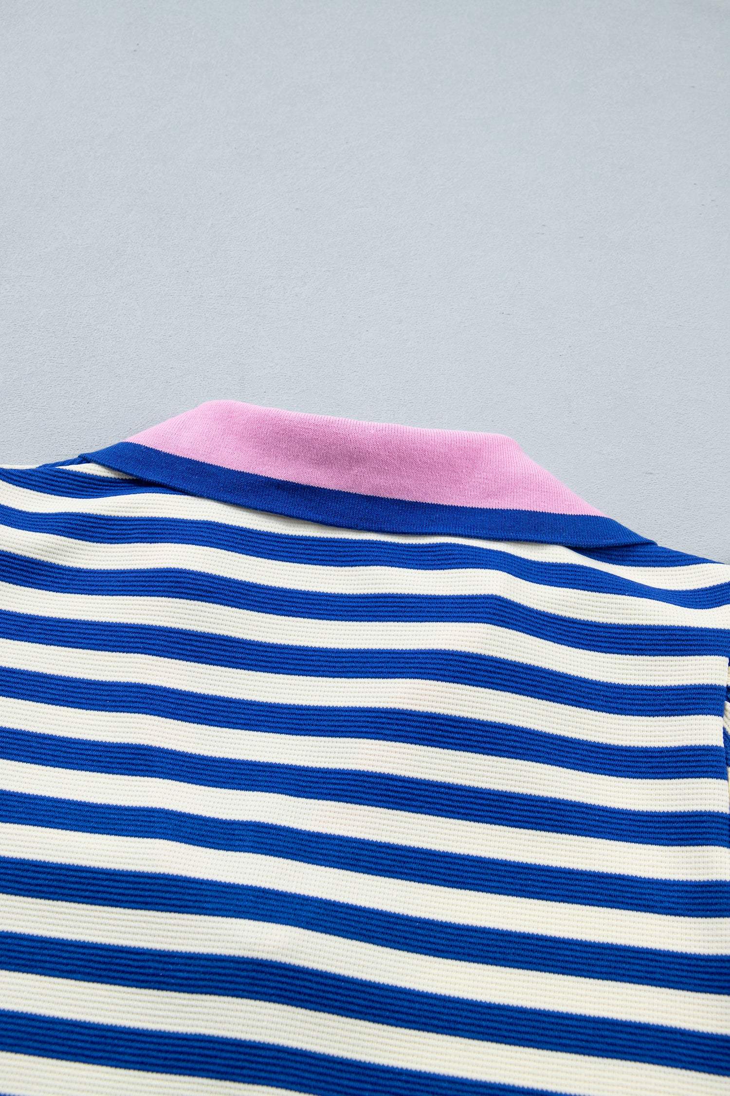 Rose Stripe Contrast Trim Polo Collar Ruffled Short Sleeve Blouse