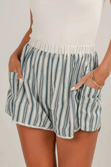 Gray Stripe Elastic Waist Cargo Pocket Casual Shorts