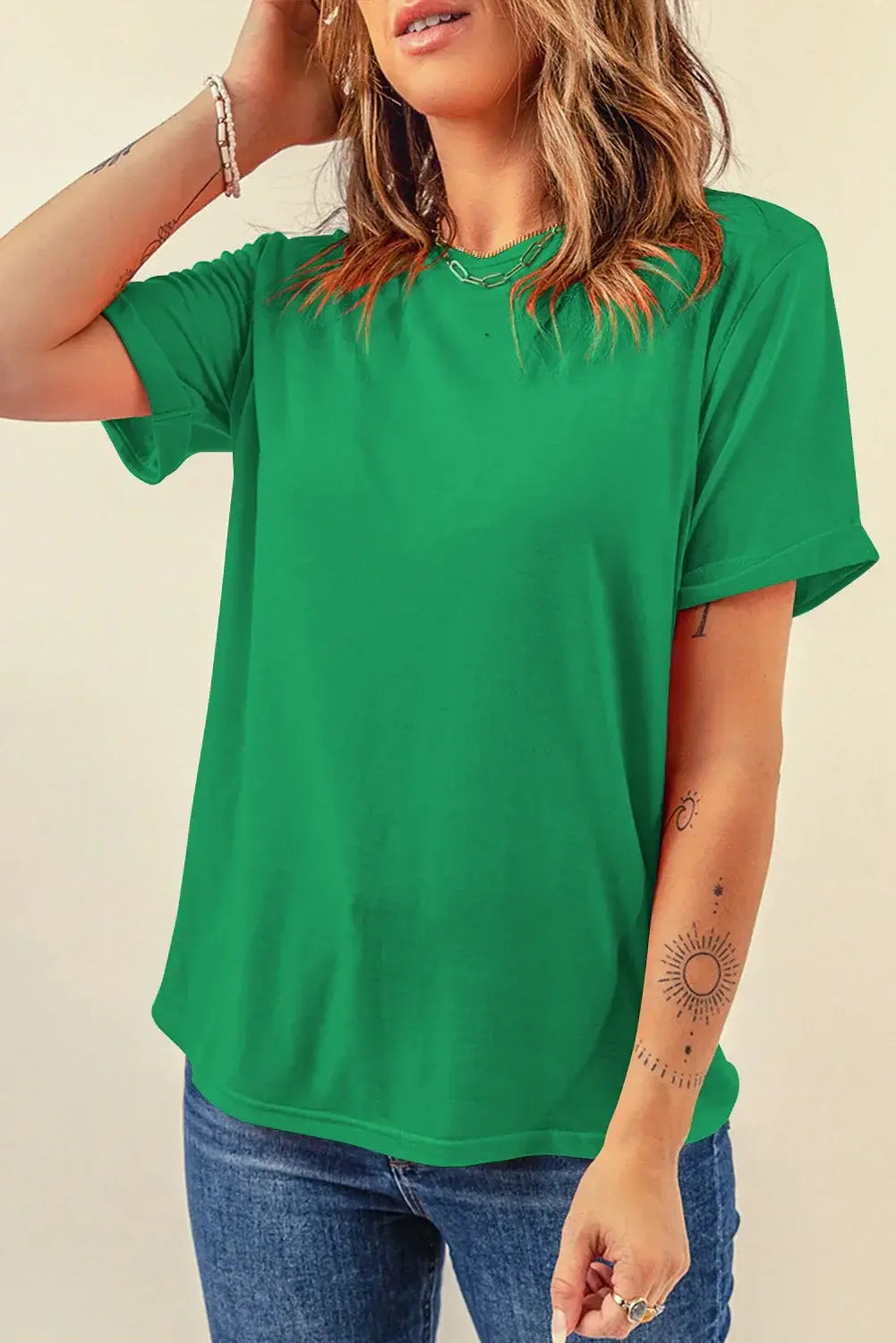 Mint Green Casual Plain Crew Neck Tee