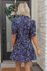 Blue Wild Daisy Floral Split Neck Short Puff Sleeve Mini Dress