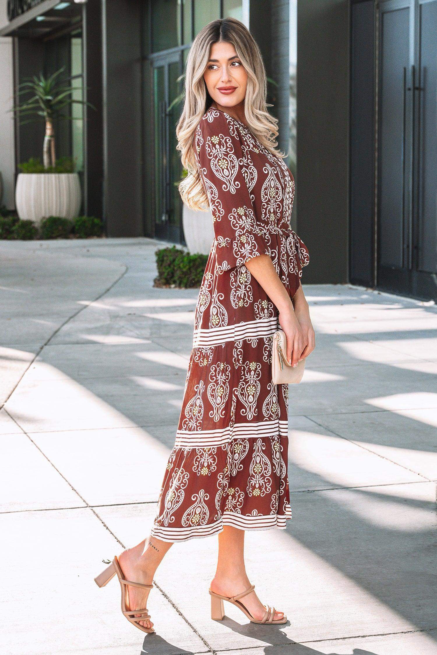 Brown Floral Print Belted Striped Trim Tiered Maxi Dress