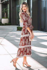 Brown Floral Print Belted Striped Trim Tiered Maxi Dress