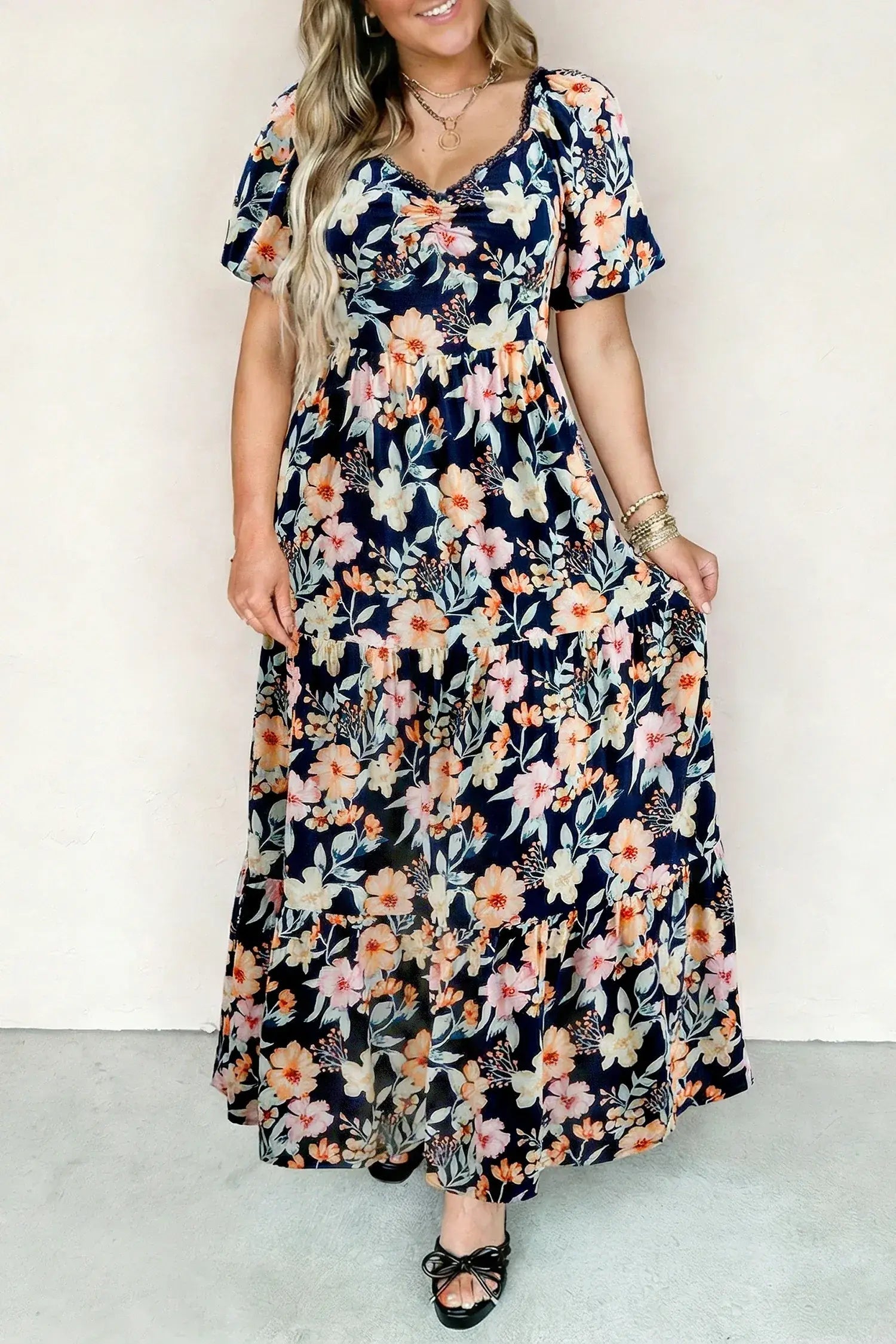 Blue Short Sleeve Smocked Detail High Waist Floral Maxi Dress
