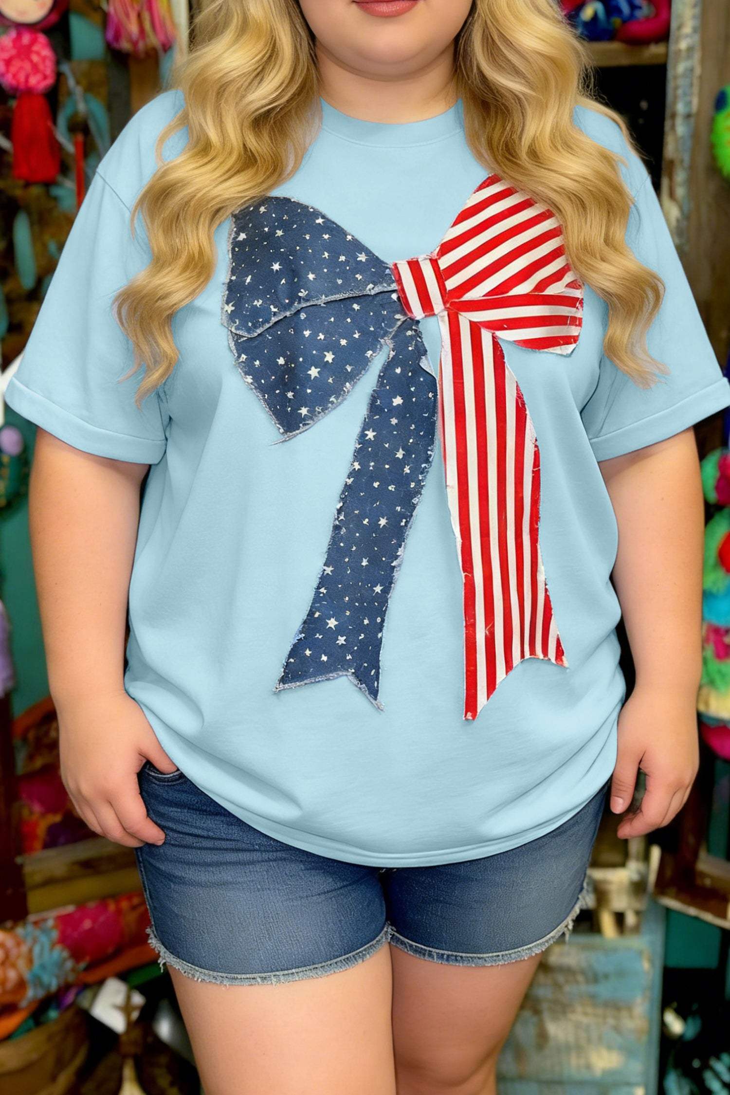 Beau Blue Plus Size Patriotic Bow Patchwork Graphic T-Shirt