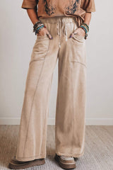 Smoke Gray Mineral Wash Drawstring Retro High Waist Wide Leg Western Pants