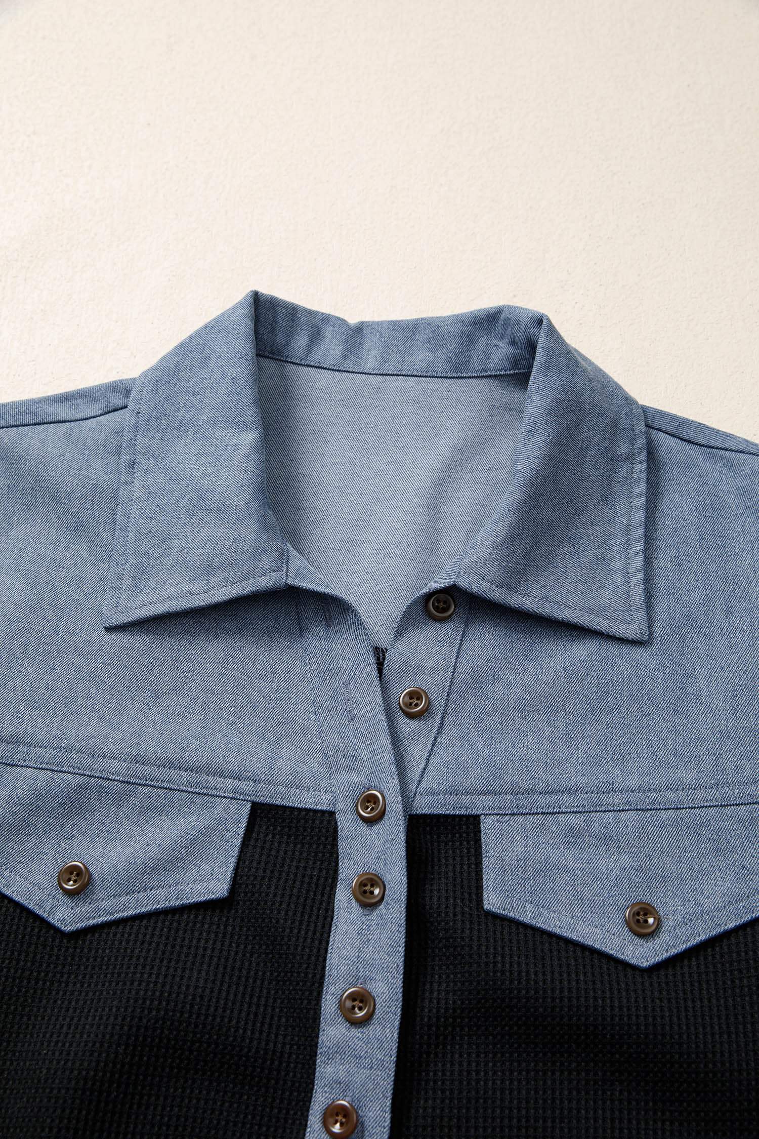 Black Waffle Knit Denim Color Block Patchwork Button Flap Polo Top