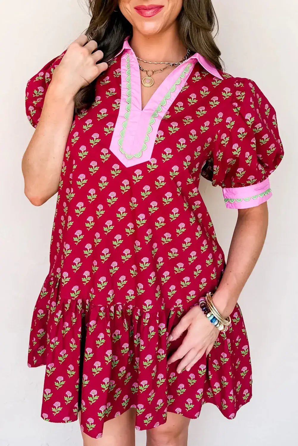 Red Floral Print Contrasted V Neck Short Bubble Sleeve Mini Dress