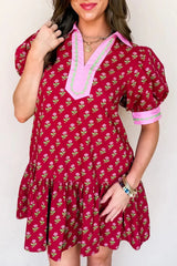 Red Floral Print Contrasted V Neck Short Bubble Sleeve Mini Dress