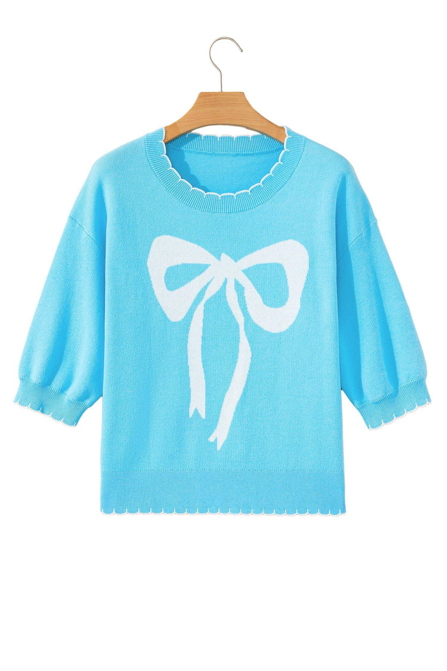 Light Blue Big Ribbon Bow Print Contrast Stitch Trim Drop Shoulder Sweater