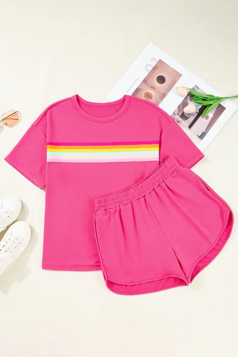 Rose Red Vibrant Striped Detail Athleisure 2pcs Short Set