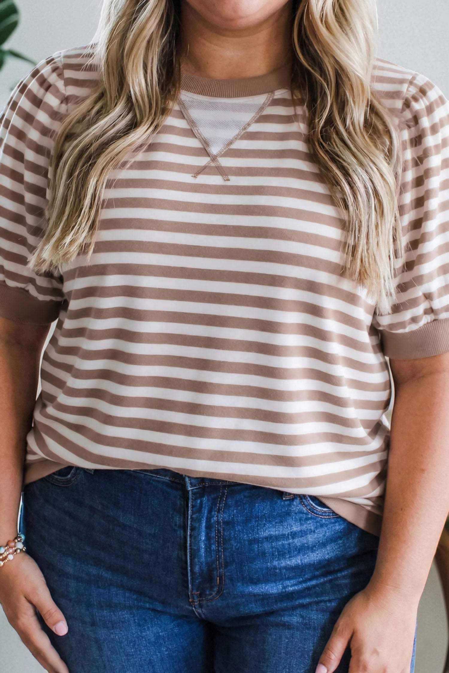 Orange Stripe Ribbed Trim Round Neck Short Puff Sleeve Plus T Shirt