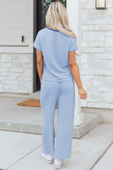 Sky Blue Stripe Crew Neck Tee Drawstring Waist Cropped Pants Set