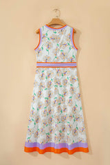 White Floral Print Color Block Trim Belted Sleeveless Maxi Dress