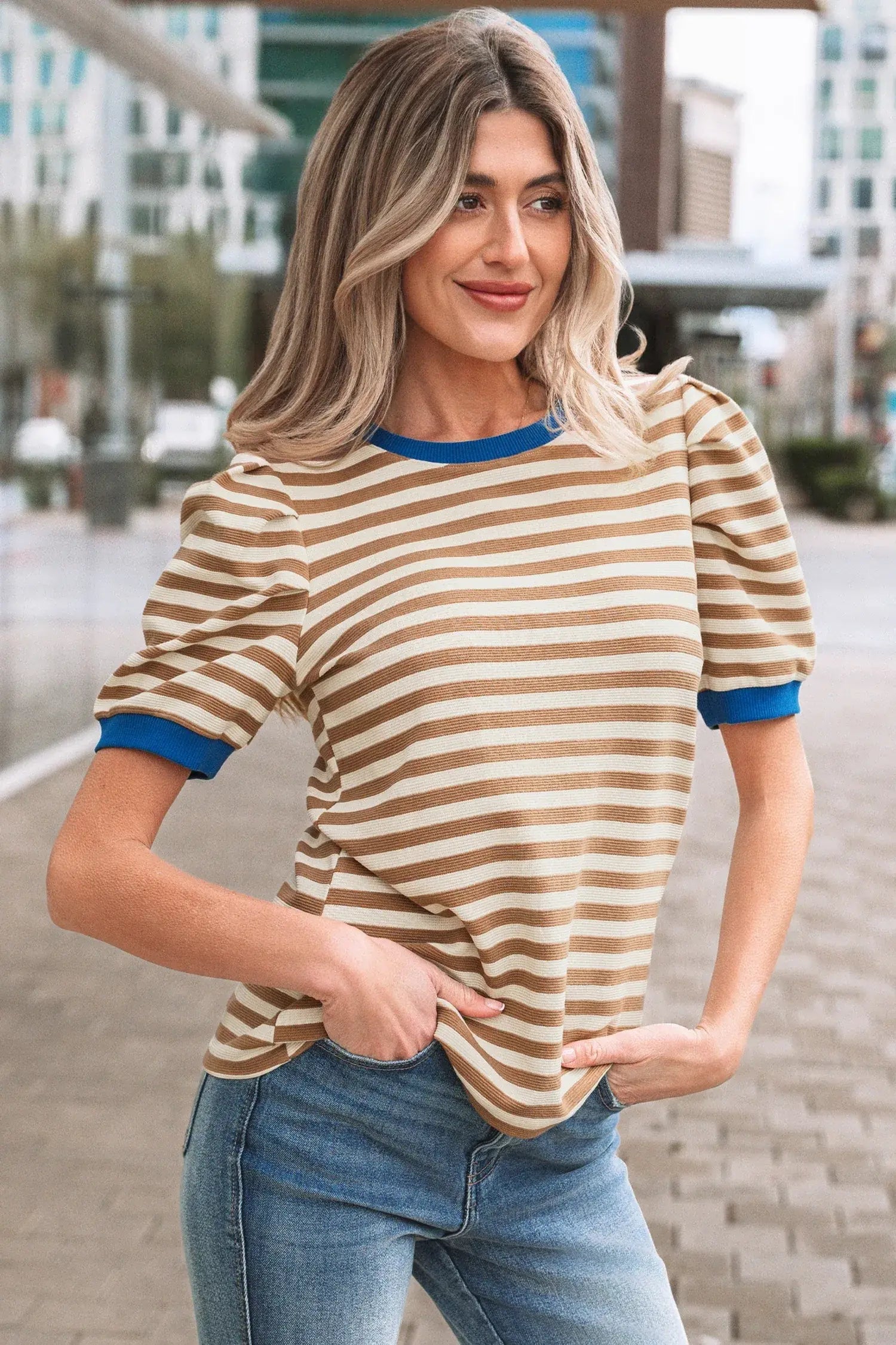 Rose Stripe Short Puff Sleeve Contrast Trim Round Neck Tee
