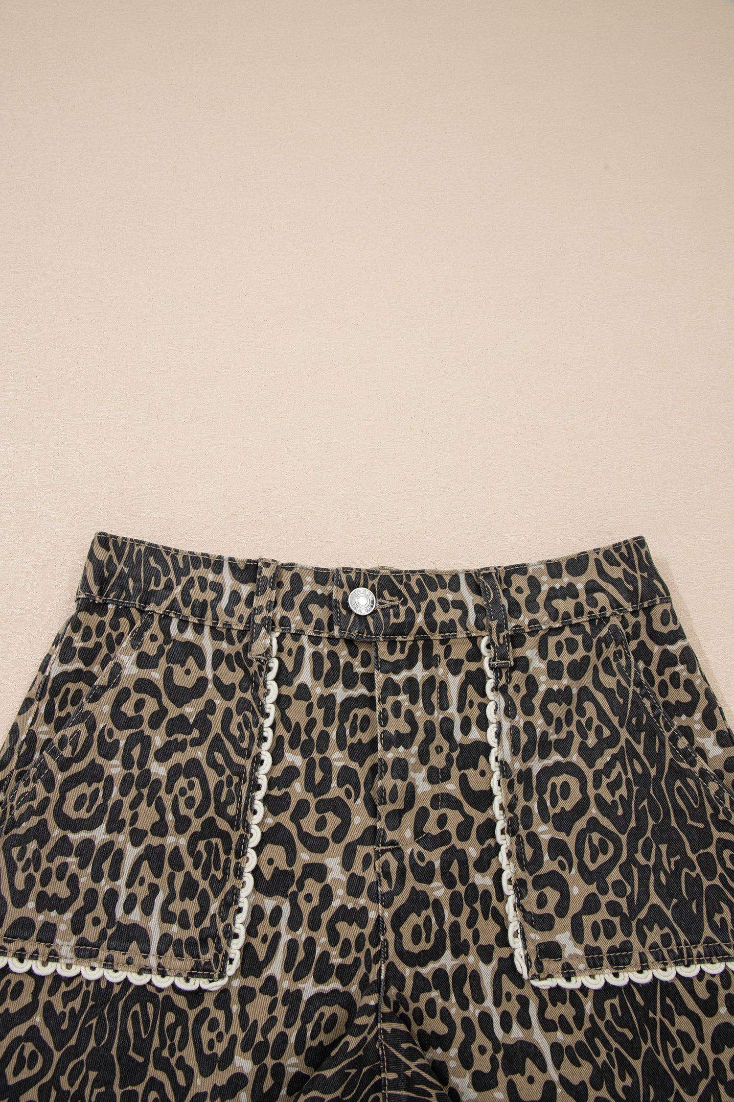 Khaki Contrast Scalloped Lace Trim Leopard Denim Shorts