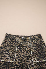 Khaki Contrast Scalloped Lace Trim Leopard Denim Shorts