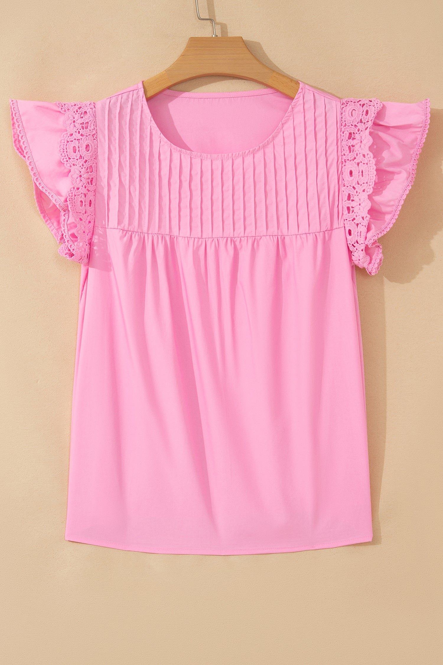 Bonbon Lace Detail Flutter Sleeve Pleated Round Neck Blouse