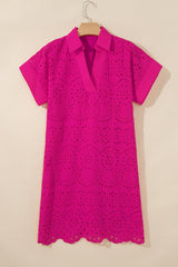 Rose Red Solid Color Eyelet Embroidered T Shirt Mini Dress