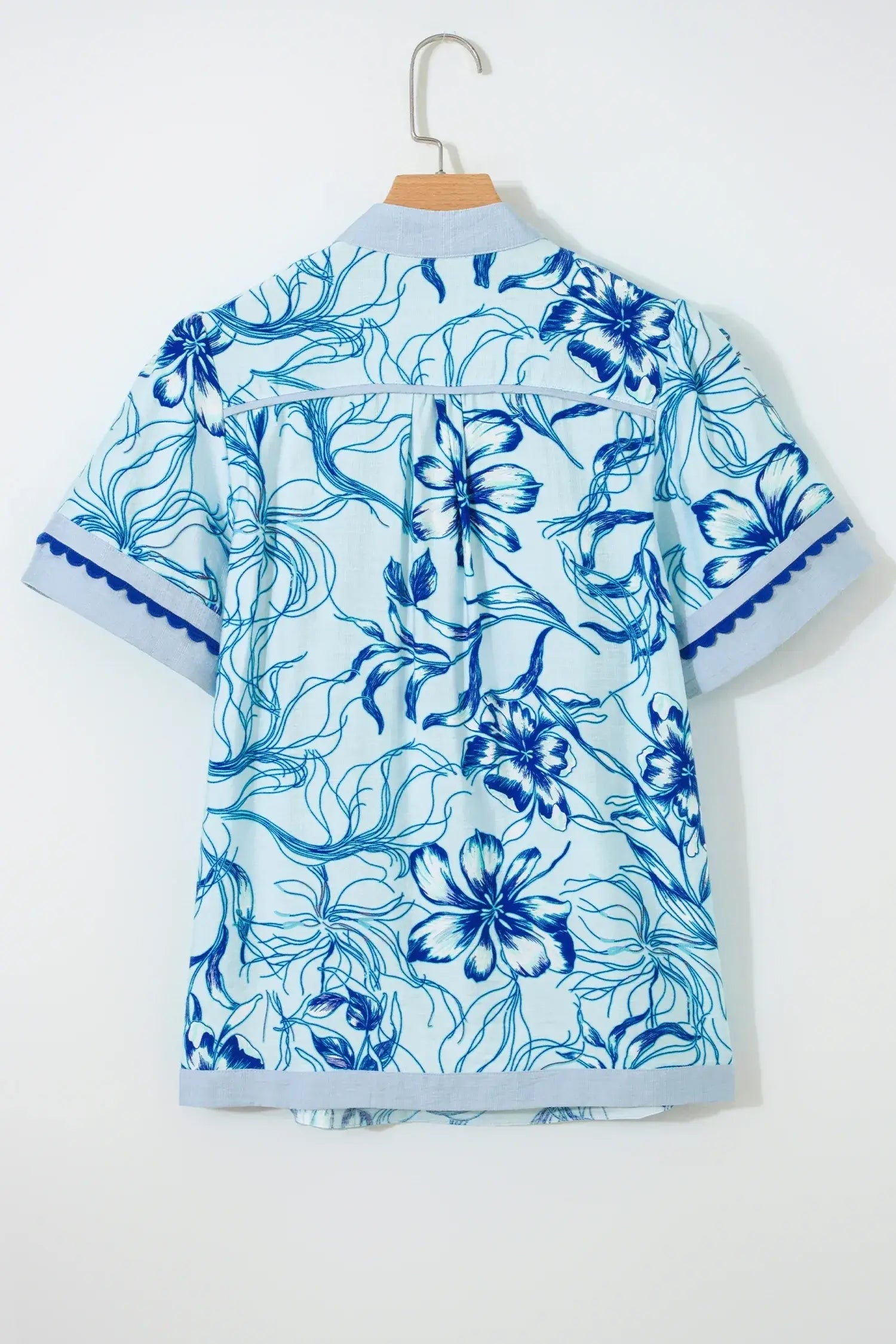 Sky Blue Ricrac Trim Slit V Neck Short Sleeve Floral Blouse