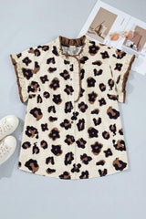 Khaki Plus Size Leopard Print Frilled Color Block Trim Button Down Short Sleeve Blouse