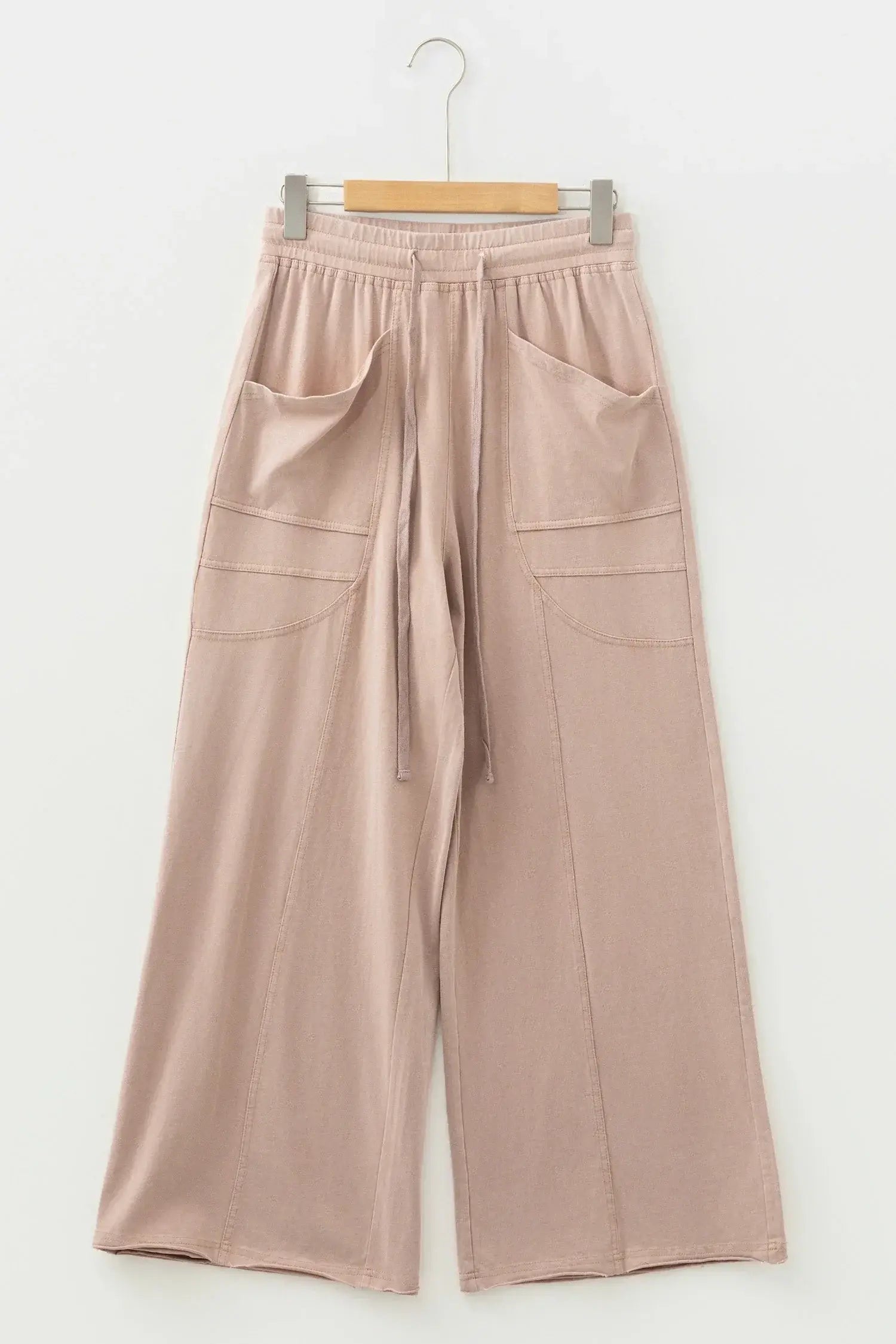 Smoke Gray Solid Color Mineral Wash Piping Trim Pocketed Wide Leg Pants