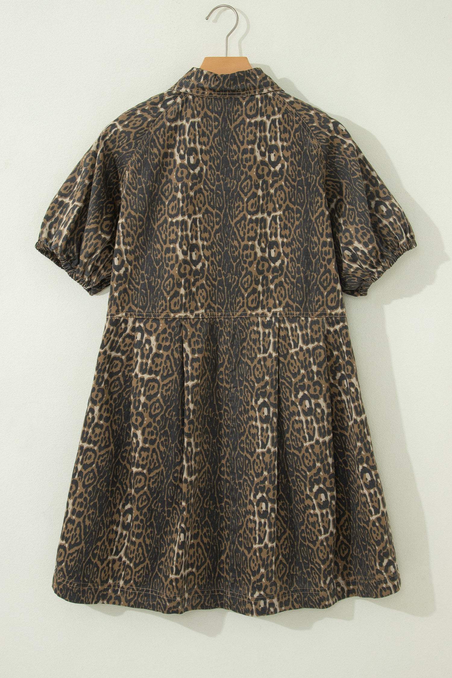 Gray Leopard Print Short Sleeve Pleated Denim Mini Dress