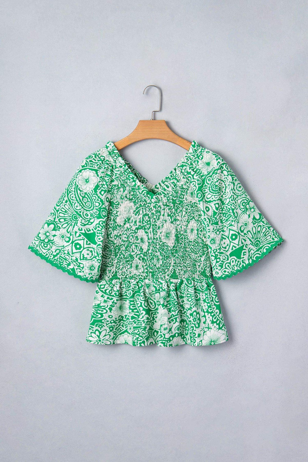 Green Flirty Floral Smocked V Neck Blouse