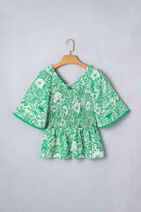 Green Flirty Floral Smocked V Neck Blouse