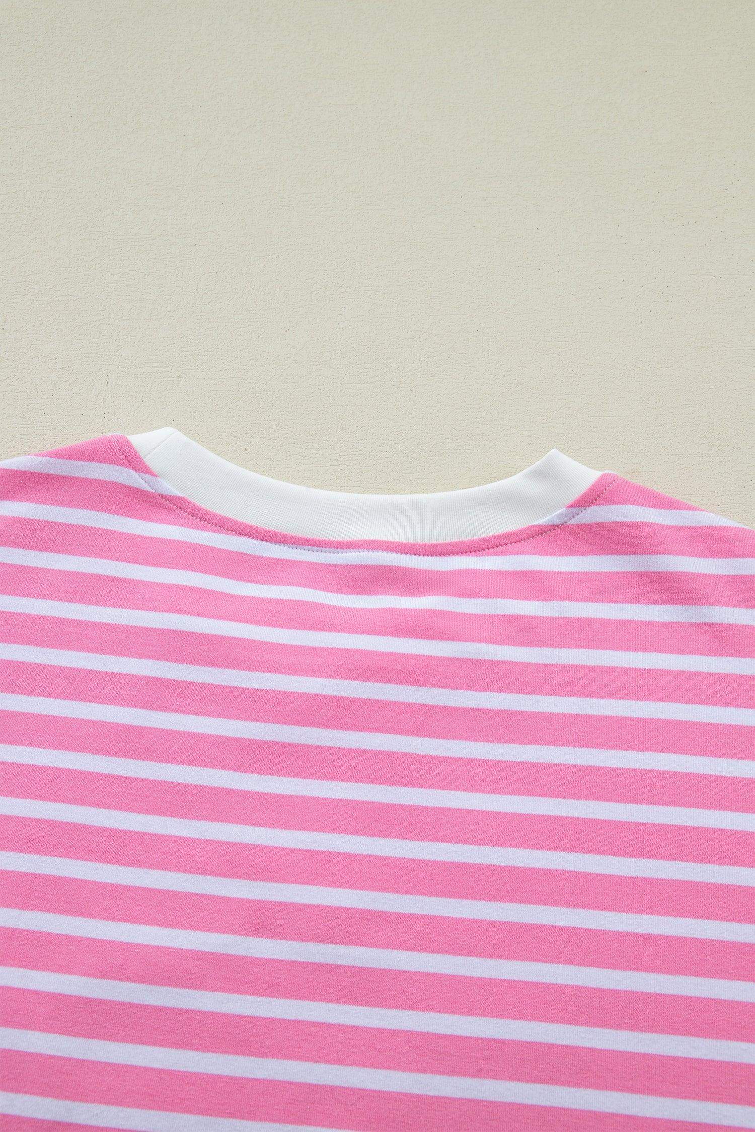 Pink Stripe Round Neck Drop Shoulder Short Sleeve Loose Top