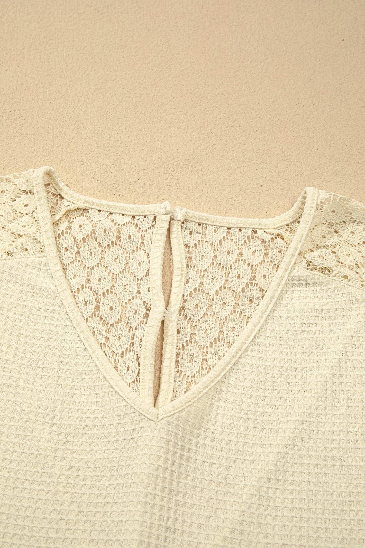 Beige Lace Splicing Button Cutout V Neck Waffle Knit Blouse