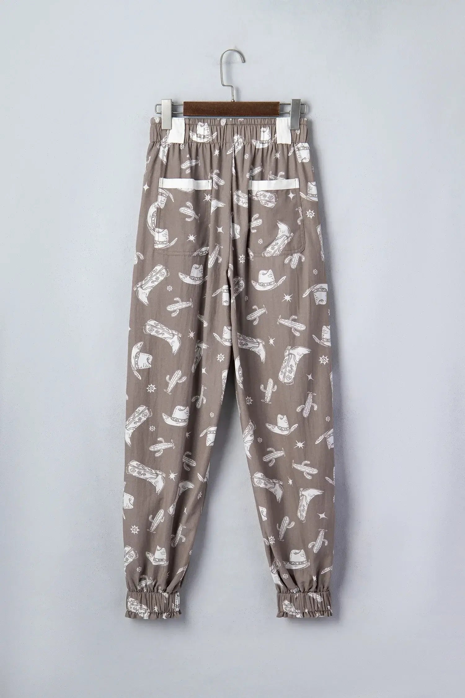 Khaki Western Cactus Cowgirl Hat Boot Printed Vintage Drawstring Jogger Pants