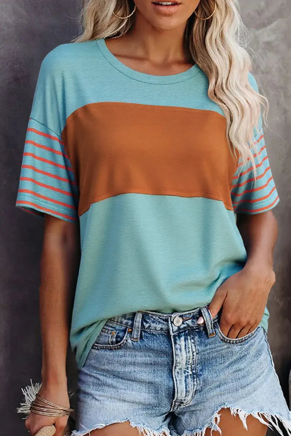 Laurel Green Color Block Striped Detail Loose T Shirt