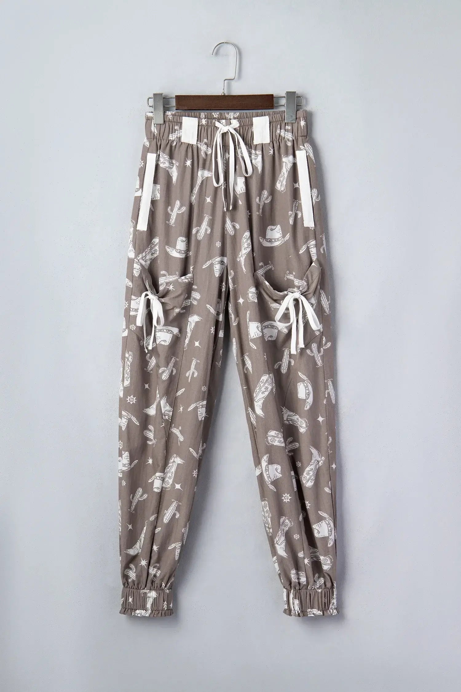 Khaki Western Cactus Cowgirl Hat Boot Printed Vintage Drawstring Jogger Pants